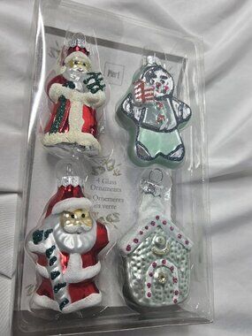 Pier 1 Glass Christmas Ornaments Set of 4 Santa Snowman House